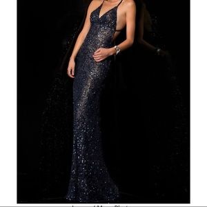 Scala v neck open back prom/homecoming dress